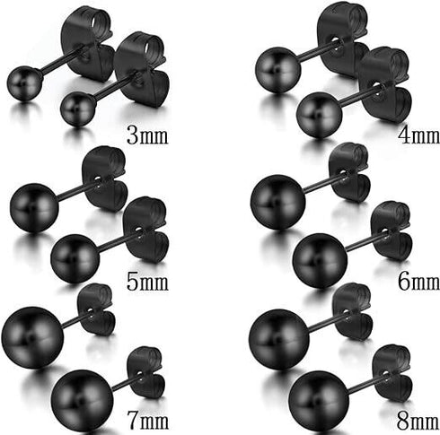 6Pairs 316L Surgical Steel Black Ball Round 3/4/5/6/7/8mm Men Women Stud Earring